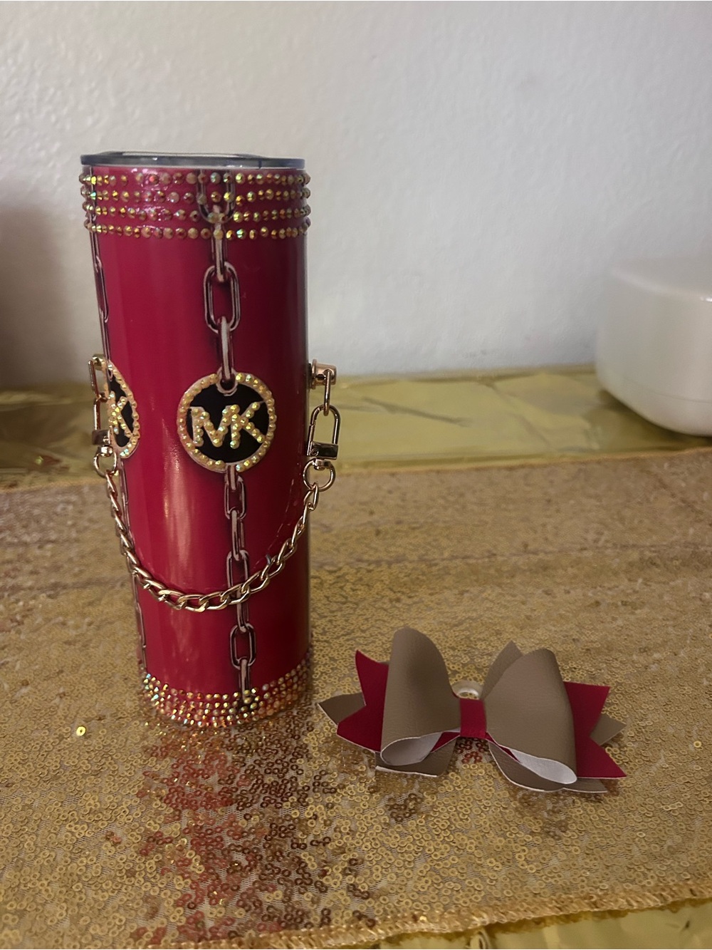 Michael Kors Red Cylinder Cosmetic Case with Gold MK Chain Accents